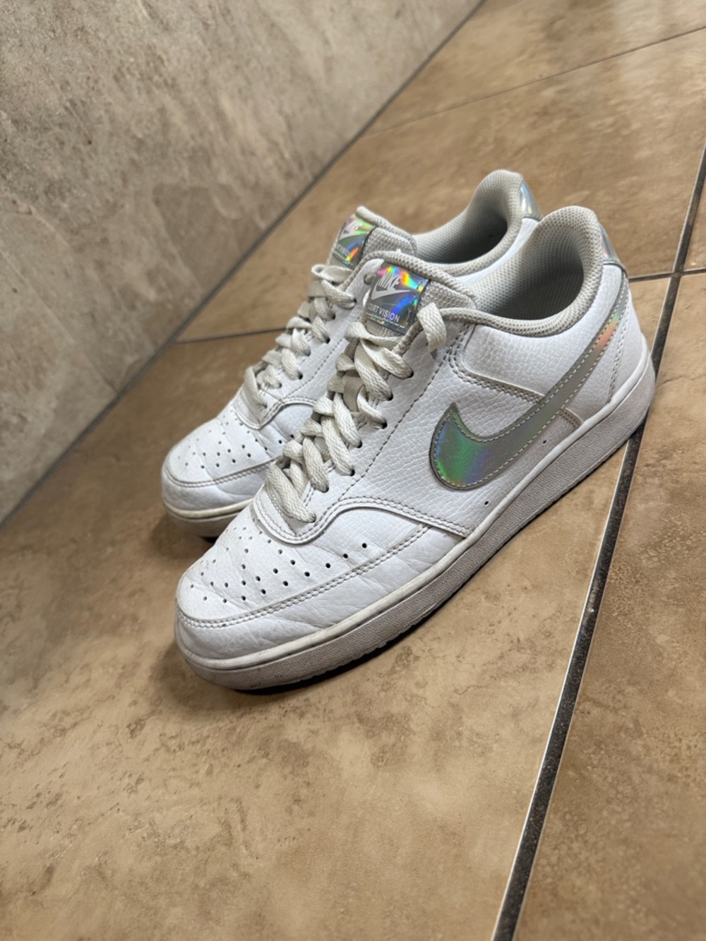 Nike White Low-Top Sneakers with Iridescent Swoosh